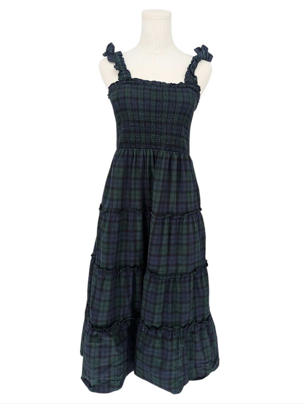 J.Crew Black Watch Tartan Tiered Sleeveless Midi Dress | Size XS | Green Navy - Picture 3 of 10